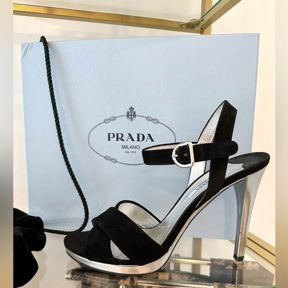 Prada Black Calzature Donna Velvet Silver Metallic Ankle Strap heels sz 38.5 - Picture 4 of 11